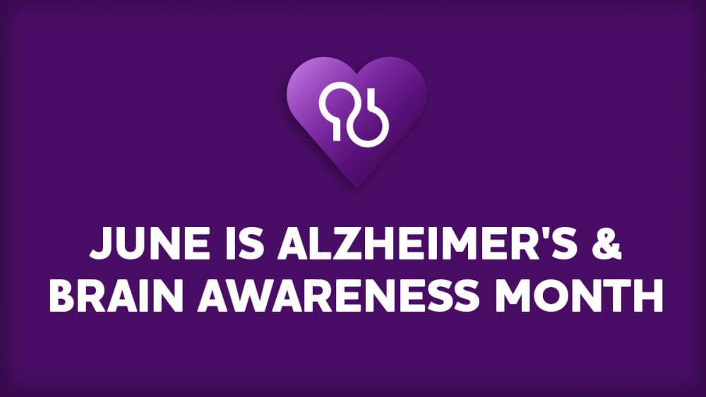 Purple heart with Alzheimer's awareness ribbon and brain icon.