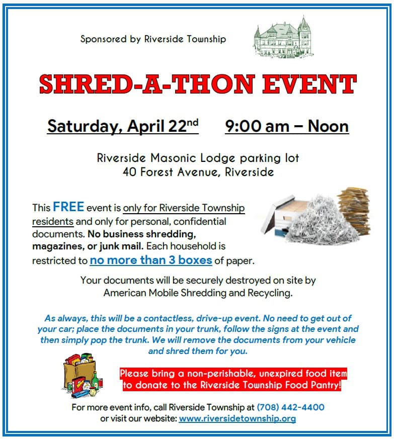 Riverside Township Spring Shred-A-Thon event at Riverside Masonic Lodge parking lot.
