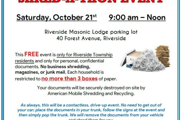 Shred-A-Thon event in Riverside Township parking lot on October 21st.