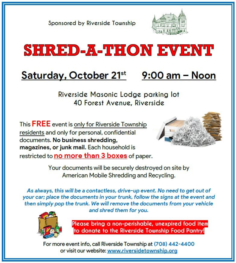 Shred-A-Thon event in Riverside Township parking lot on October 21st.