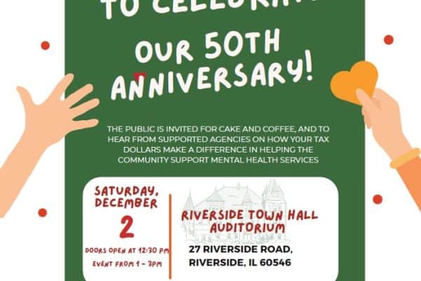 Riverside Township of Illinois 50th anniversary event poster with hands holding hearts.