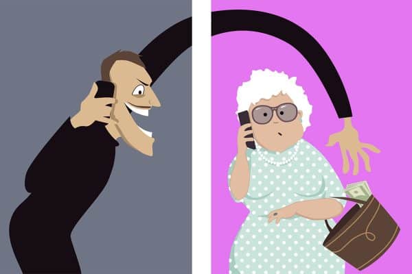 Illustration of scammer and senior woman on phone for fraud awareness.