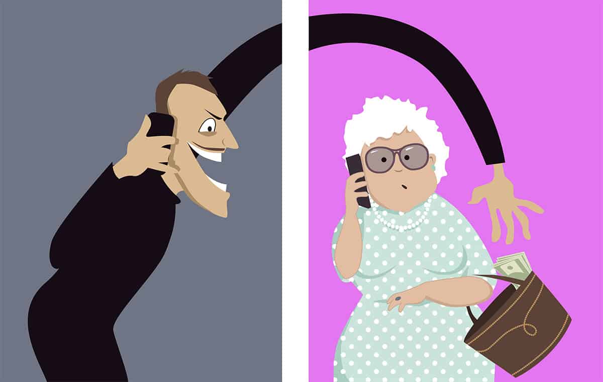 Illustration of scammer and senior woman on phone for fraud awareness.