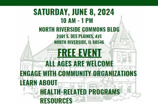Community health fair in Riverside Township, Illinois, with event details and location.
