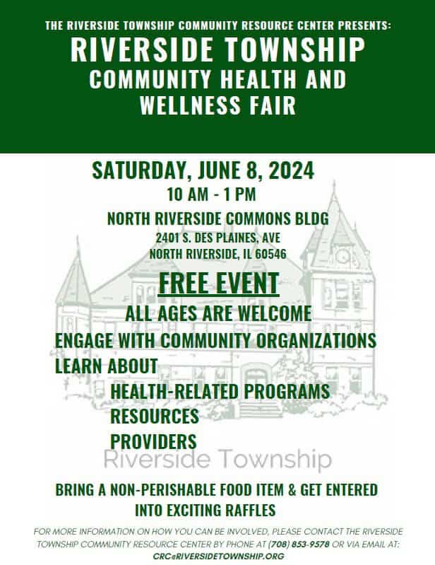 Community health fair in Riverside Township, Illinois, with event details and location.