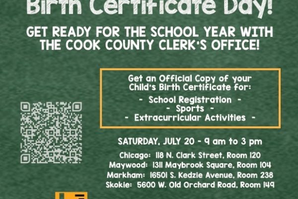 Event poster for Back to School Birth Certificate Day in Riverside Township, Illinois.