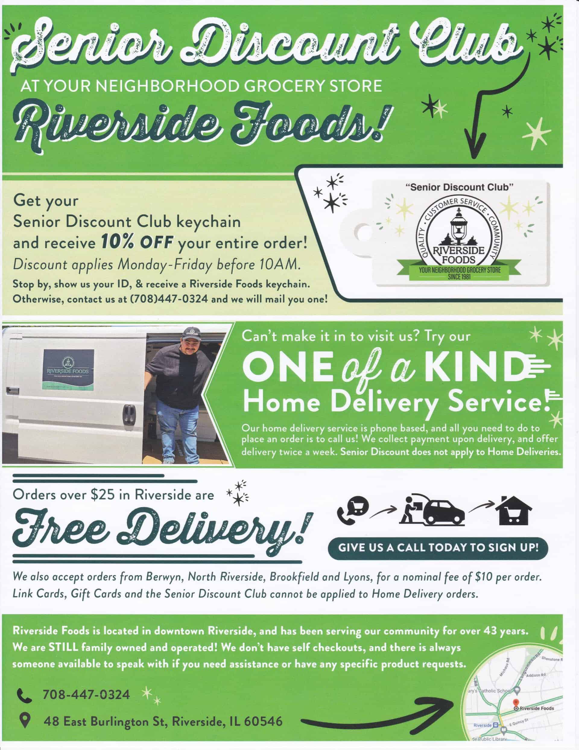 Senior Discount Club at Riverside Foods offering 10% off for residents.
