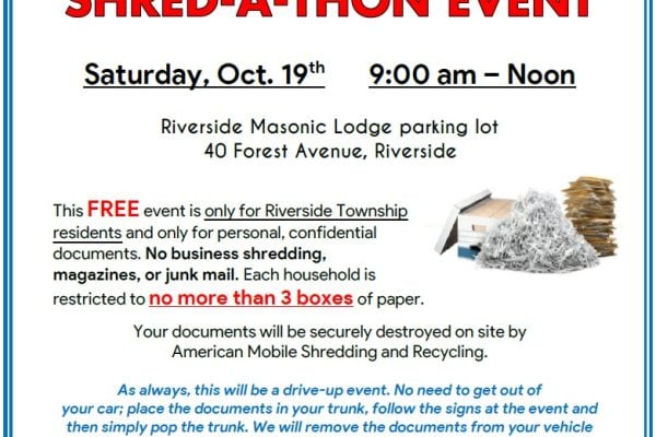 Riverside Township Shred-A-Thon event poster with date and location details.
