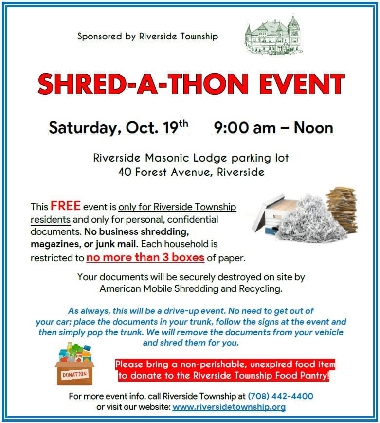 Riverside Township Shred-A-Thon event poster with date and location details.