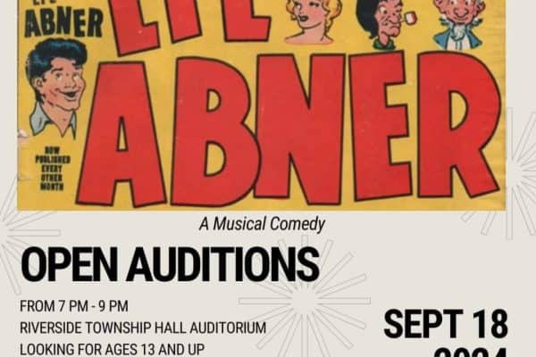 Auditions poster for Riverside Theater Guild's 'L'il Abner' musical in Illinois.