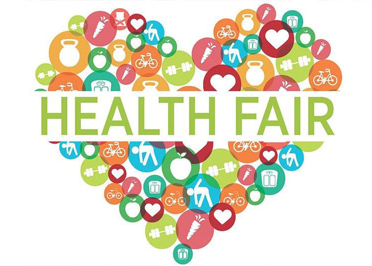 Health fair heart with icons for fitness, nutrition, and wellness activities.