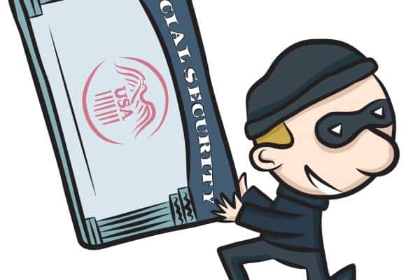 Cartoon thief stealing a social security card for identity theft.