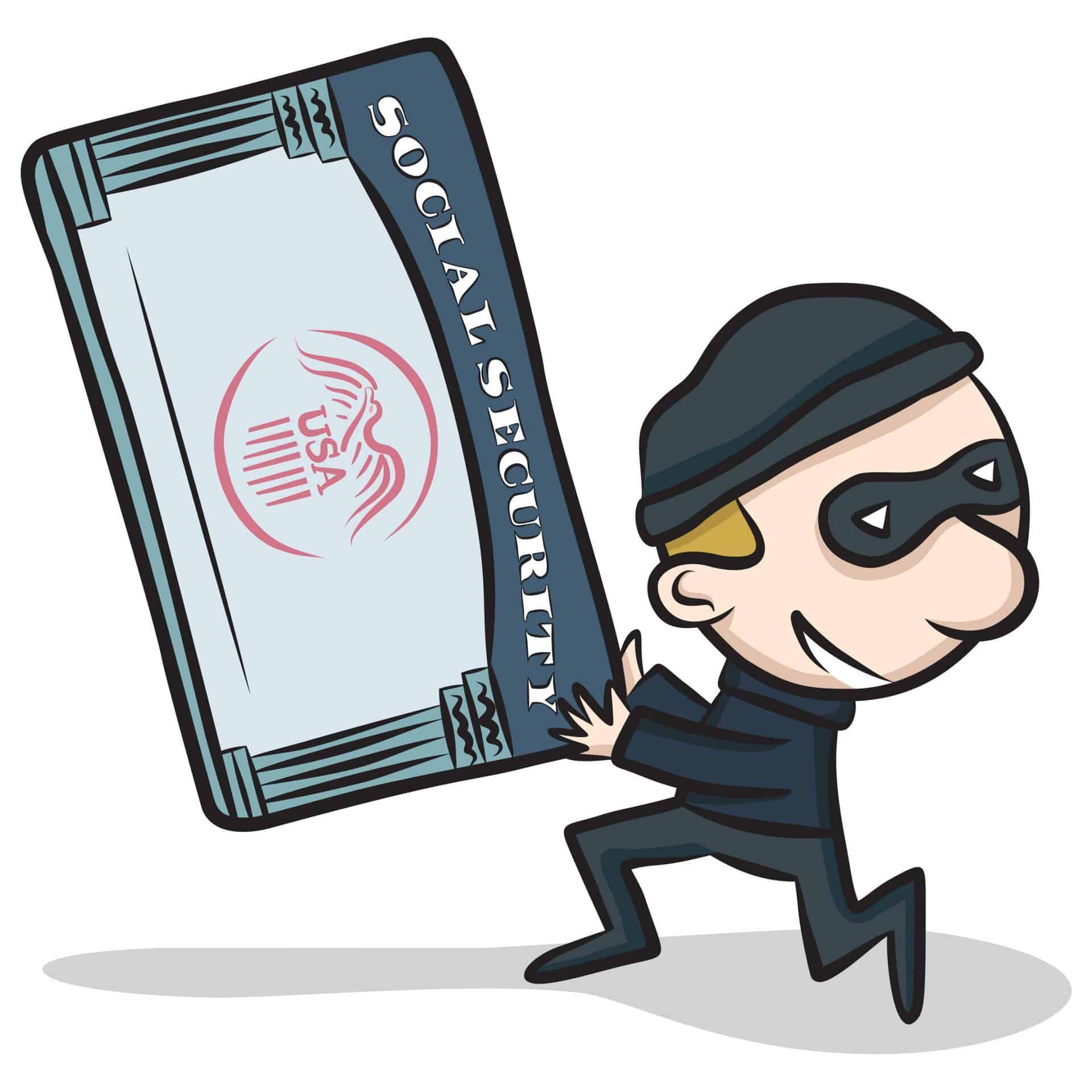 Cartoon thief stealing a social security card for identity theft.