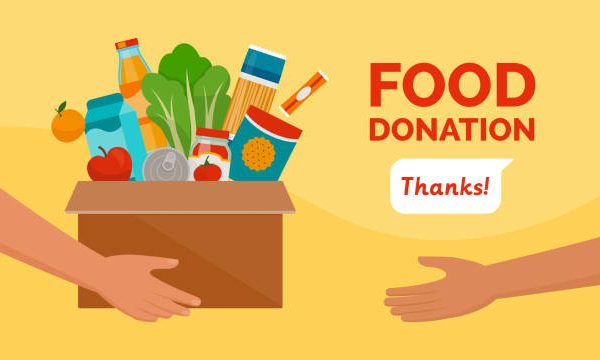 Food donation box with various groceries for community support.