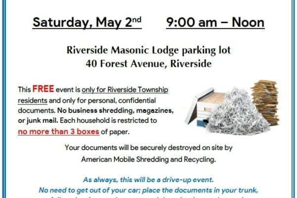 Flyer for Riverside Township Shred-A-Thon event on May 2nd at Riverside Masonic Lodge.