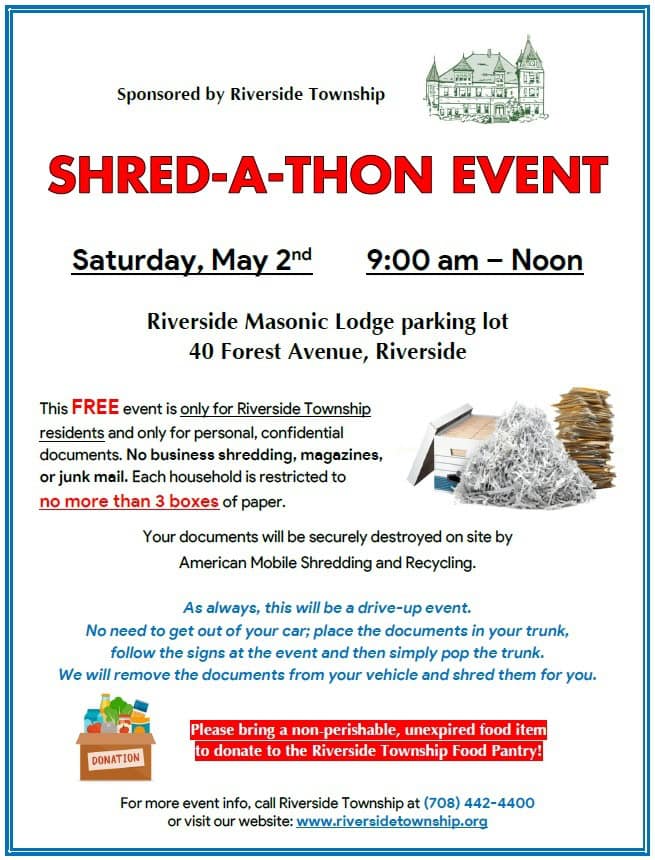 Flyer for Riverside Township Shred-A-Thon event on May 2nd at Riverside Masonic Lodge.